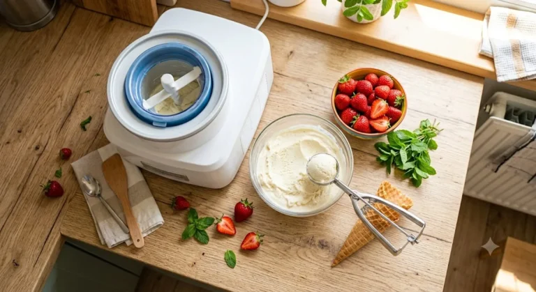 Countertop ice cream maker with freshly churned vanilla ice cream, strawberries and a waffle cone on a wooden counter
