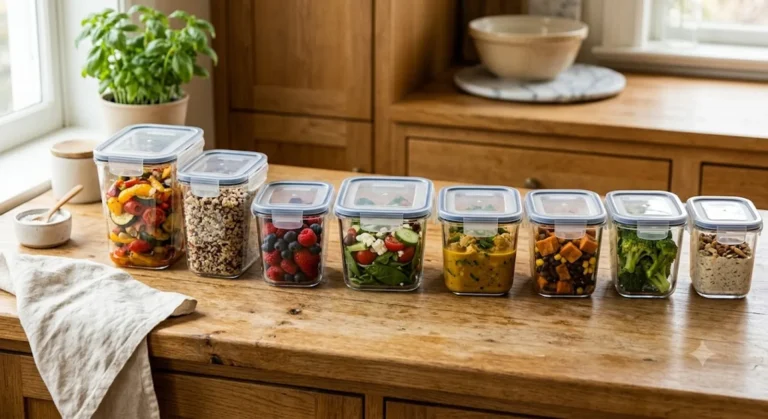Glass and plastic reusable food storage containers with meal-prep leftovers on a kitchen counter