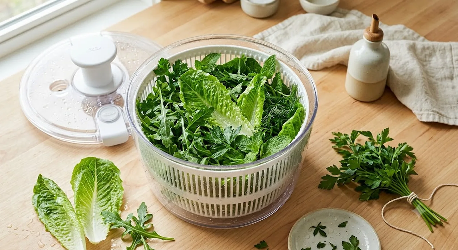 Clear salad spinner filled with freshly washed green lettuce and herbs on a light wood countertop