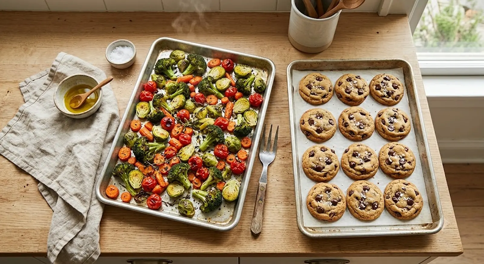 Two aluminum half sheet pans with roasted vegetables and golden cookies on a wooden countertop