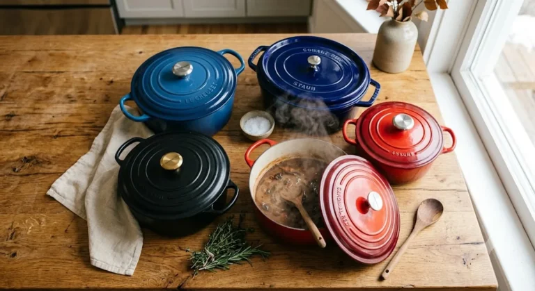 Five enameled cast iron Dutch ovens under $100 arranged on a kitchen counter