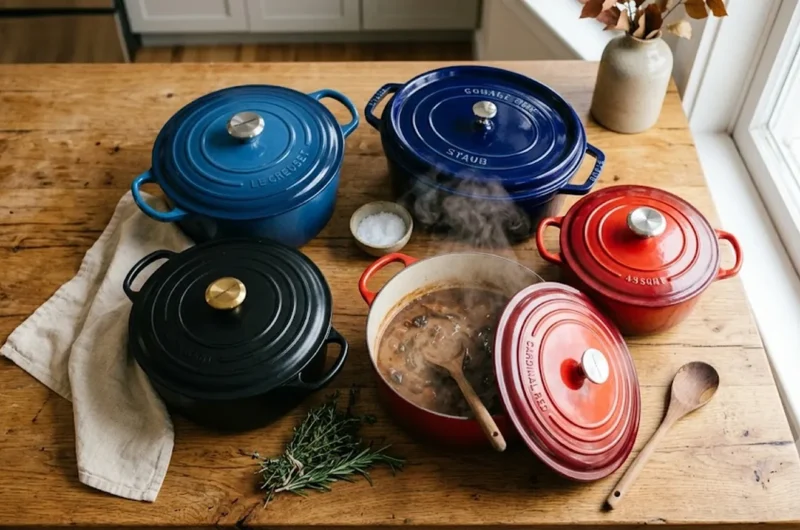 Five enameled cast iron Dutch ovens under $100 arranged on a kitchen counter