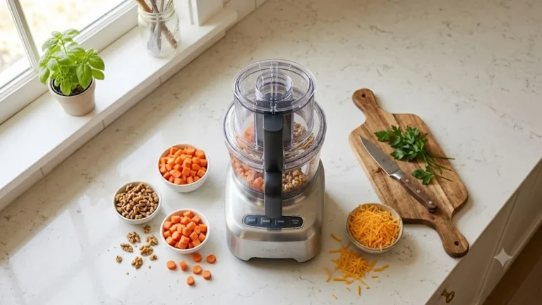 Modern food processor on a kitchen counter surrounded by fresh chopped ingredients