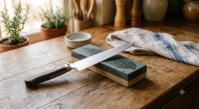 best knife sharpener test whetstone and chef's knife on wood counter