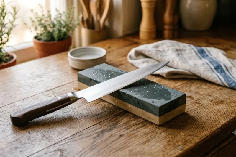 best knife sharpener test whetstone and chef's knife on wood counter