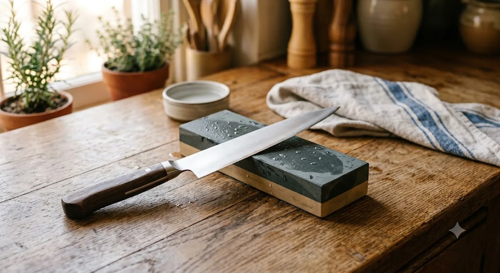 best knife sharpener test whetstone and chef's knife on wood counter