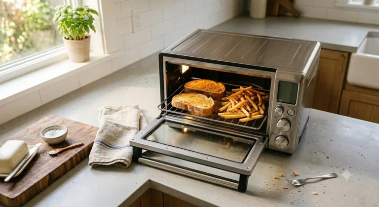 Stainless steel toaster oven air fryer combo on a kitchen counter with toast and fries inside
