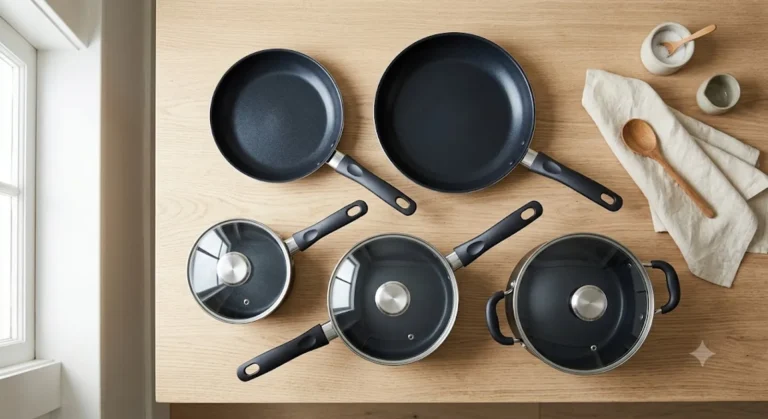 Budget cookware set with nonstick pans and pots arranged on a kitchen counter
