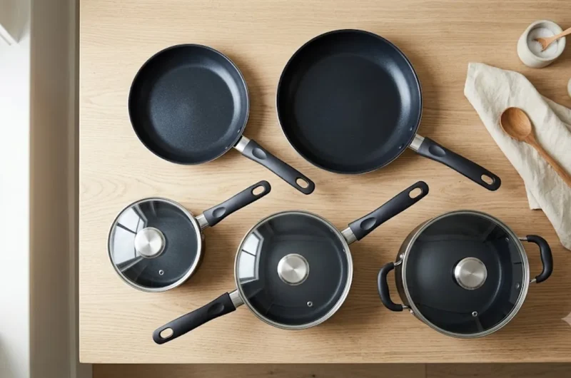 Budget cookware set with nonstick pans and pots arranged on a kitchen counter