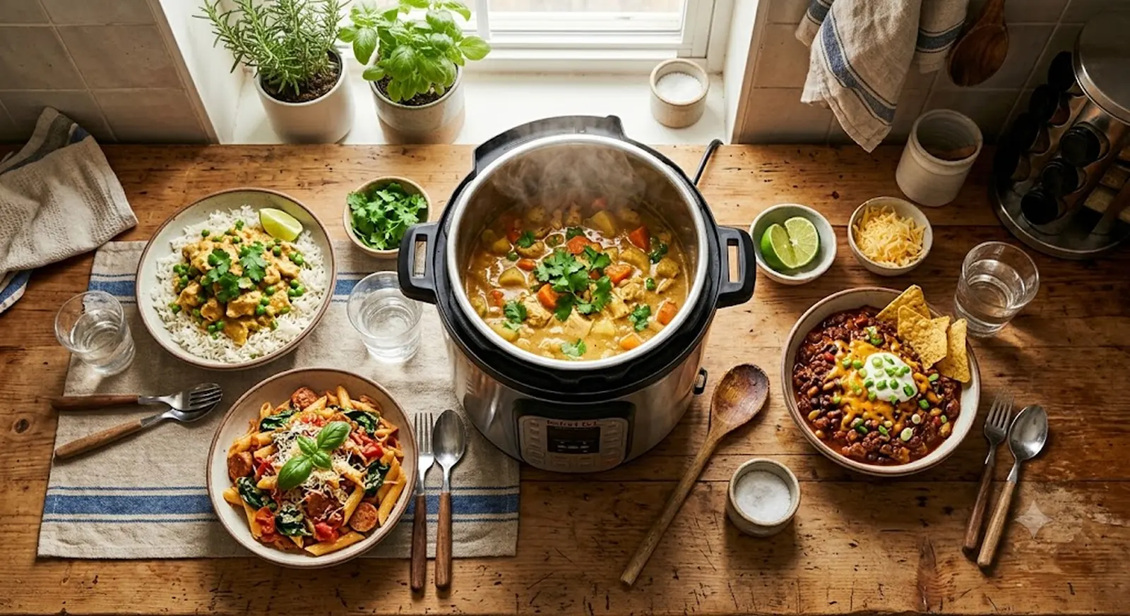 Electric pressure cooker on a kitchen counter surrounded by weeknight dinners including chicken curry over rice, chili, and one-pot pasta