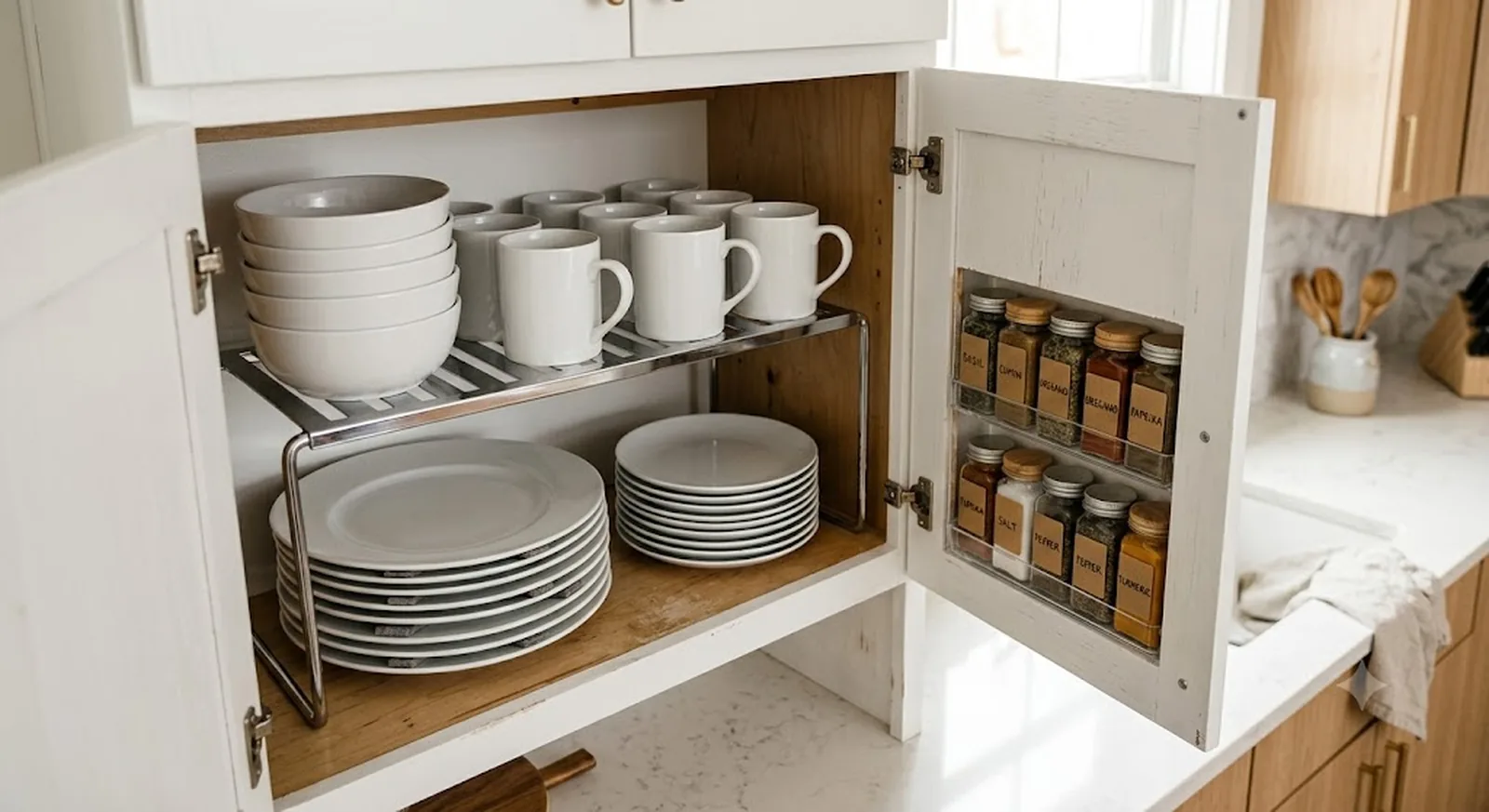 Organized kitchen cabinet with stackable shelf risers holding plates and a spice rack