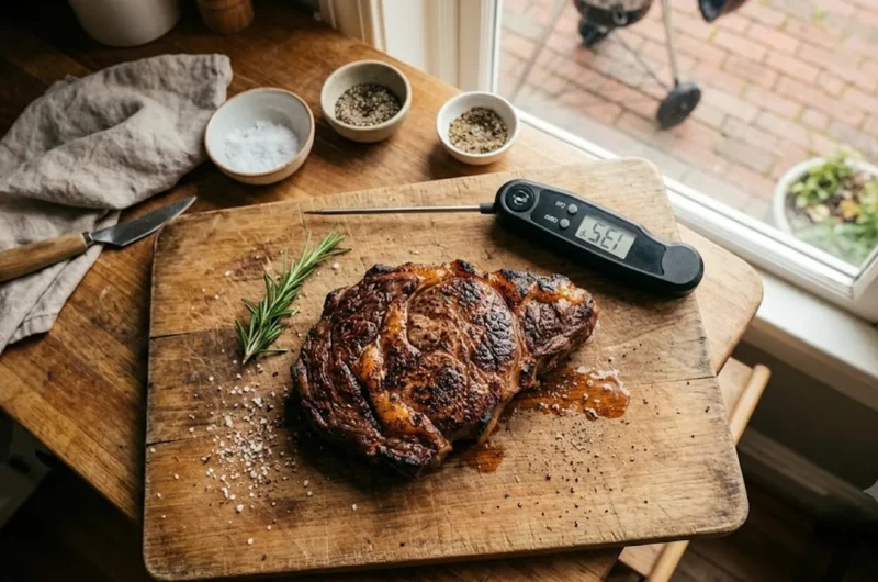 Digital instant-read meat thermometer inserted into a seared steak on a wooden cutting board