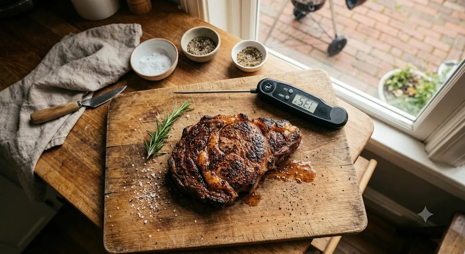 Digital instant-read meat thermometer inserted into a seared steak on a wooden cutting board