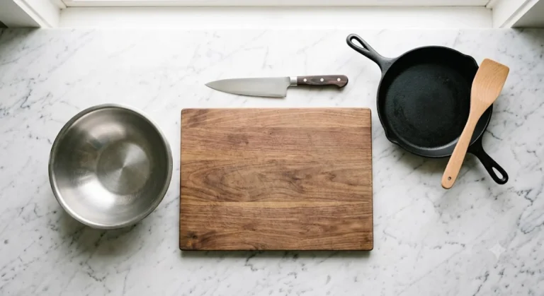 Flat lay of essential minimalist kitchen tools including chef's knife, cutting board, cast iron skillet, mixing bowl, and spatula on a countertop