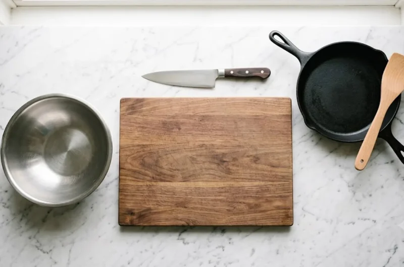 Flat lay of essential minimalist kitchen tools including chef's knife, cutting board, cast iron skillet, mixing bowl, and spatula on a countertop
