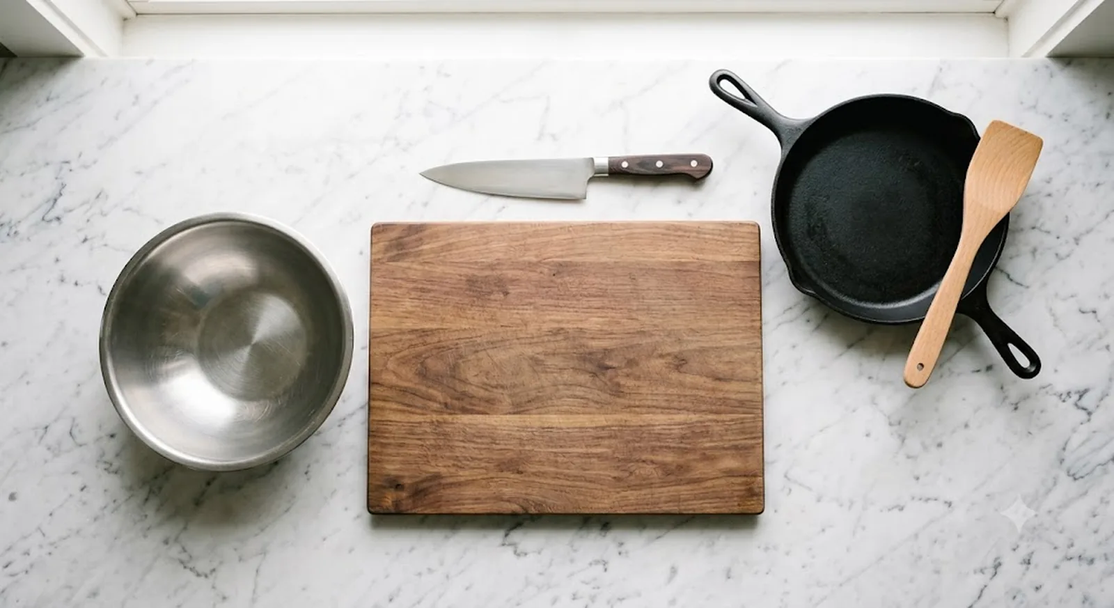 Flat lay of essential minimalist kitchen tools including chef's knife, cutting board, cast iron skillet, mixing bowl, and spatula on a countertop