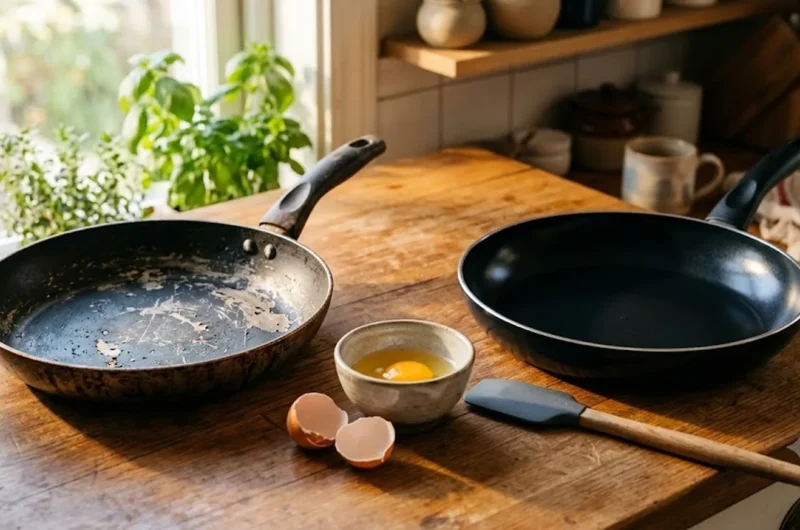 Old worn non-stick pan with scratched coating next to a new glossy non-stick pan on a wooden kitchen counter