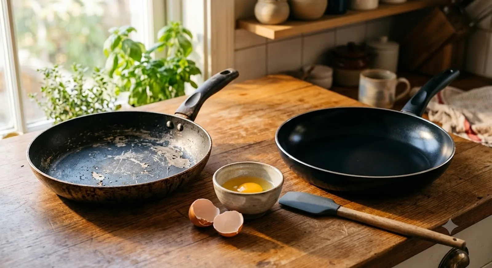 Old worn non-stick pan with scratched coating next to a new glossy non-stick pan on a wooden kitchen counter