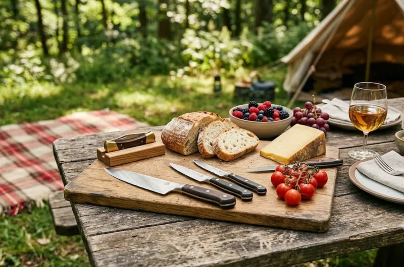 Camping knife set laid out on a wooden cutting board outdoors with bread, cheese, and fruit for a picnic