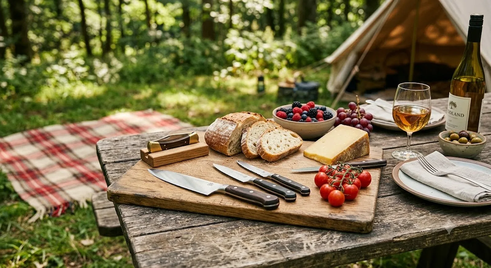 Camping knife set laid out on a wooden cutting board outdoors with bread, cheese, and fruit for a picnic