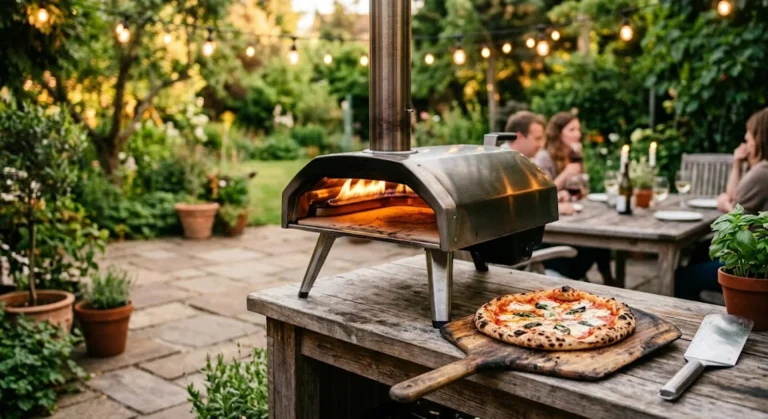 Compact stainless-steel outdoor pizza oven on a backyard patio at golden hour with a freshly cooked pizza on a wooden peel