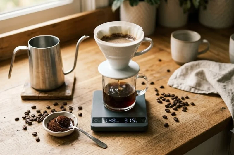 Pour-over coffee dripper, gooseneck kettle, and scale flat-lay setup