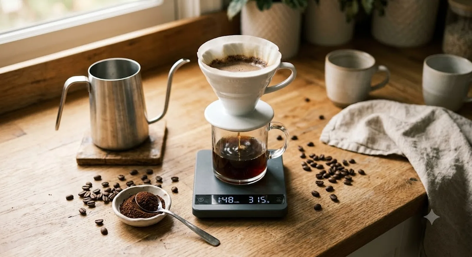 Pour-over coffee dripper, gooseneck kettle, and scale flat-lay setup