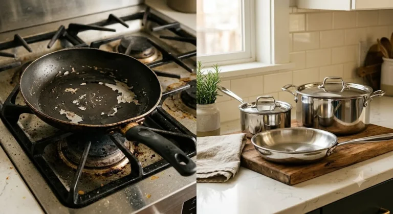 real cost of cheap cookware — warped nonstick pan next to a durable stainless cookware set