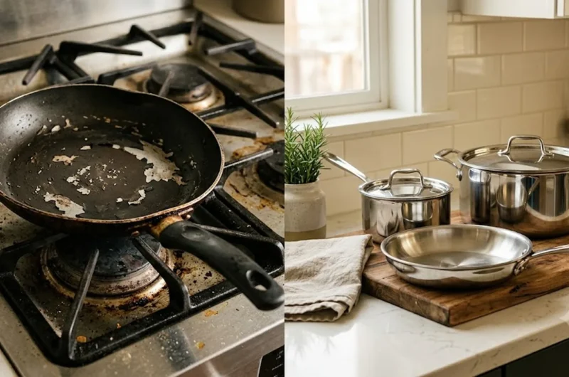 real cost of cheap cookware — warped nonstick pan next to a durable stainless cookware set