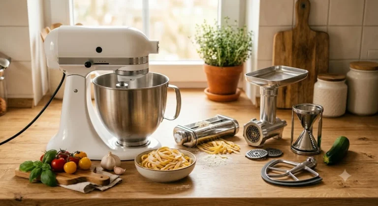 Stand mixer on a wood countertop surrounded by pasta roller, food grinder, spiralizer, and flex edge beater attachments