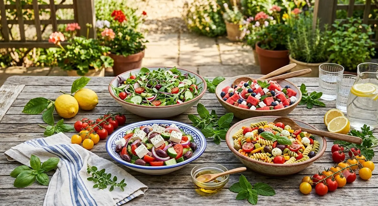 A spread of fresh, colorful summer salads in bowls on a sunny outdoor patio table