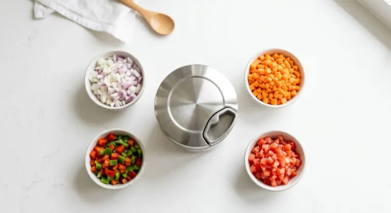 Stainless steel vegetable chopper with container surrounded by freshly diced vegetables on a kitchen counter