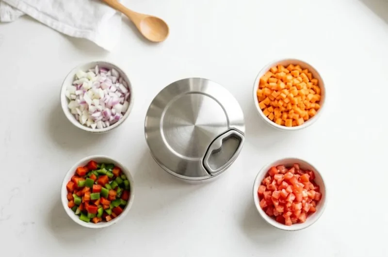 Stainless steel vegetable chopper with container surrounded by freshly diced vegetables on a kitchen counter