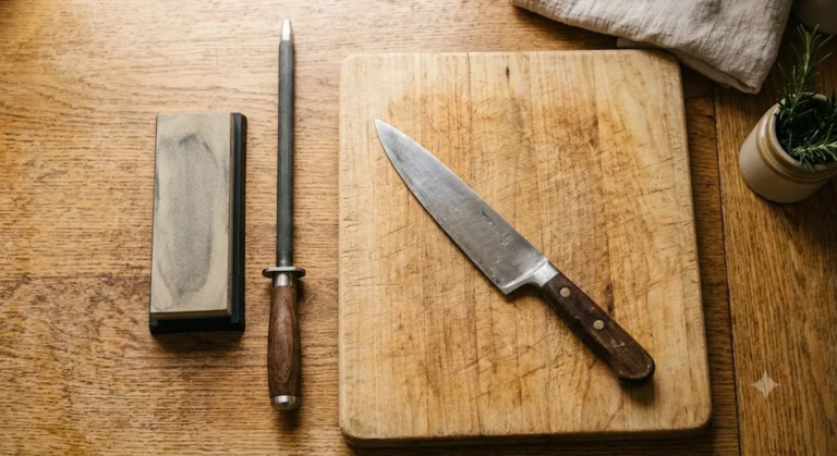 Chef's knife on a wooden cutting board with a honing rod and whetstone