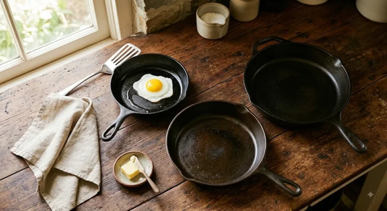Three cast iron skillets on a wooden countertop, one with a fried egg showing a smooth seasoned surface