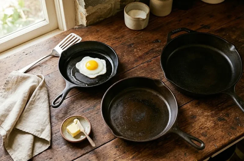 Three cast iron skillets on a wooden countertop, one with a fried egg showing a smooth seasoned surface
