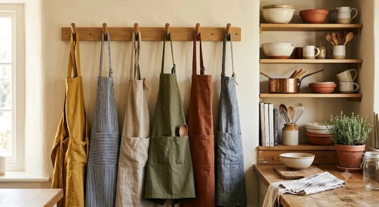 Kitchen aprons in linen and canvas hanging on wooden hooks in a warm kitchen