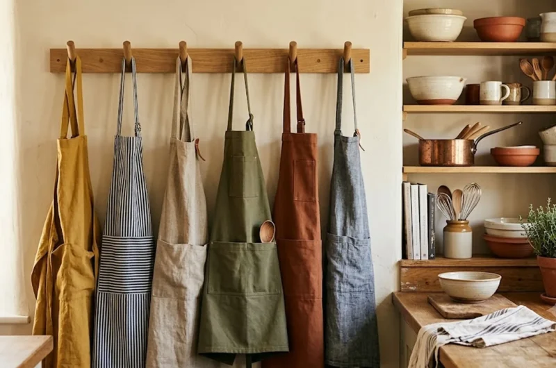 Kitchen aprons in linen and canvas hanging on wooden hooks in a warm kitchen