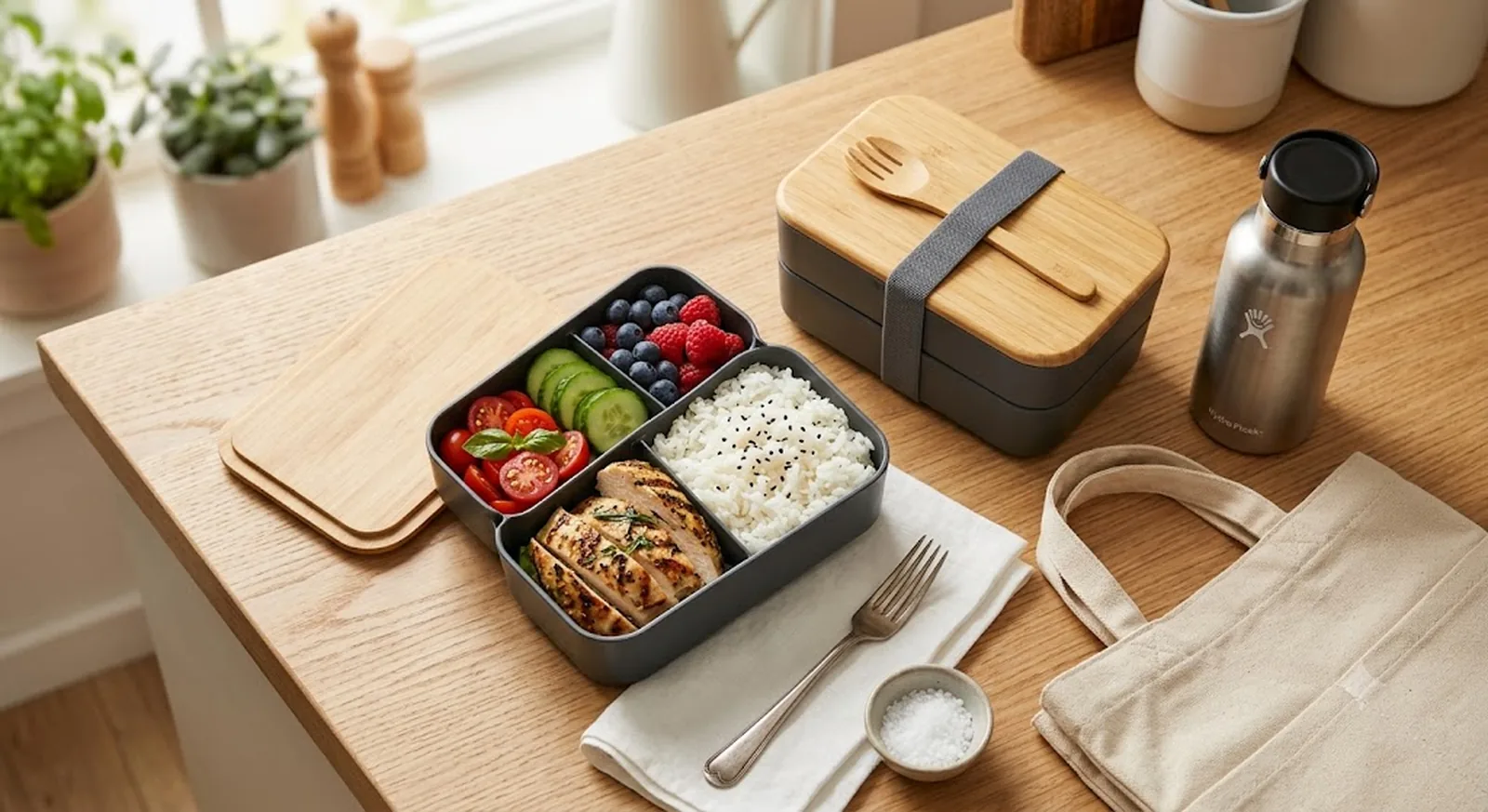 Open adult bento lunch box with chicken, rice, vegetables and berries beside a closed bento box and water bottle on a kitchen counter