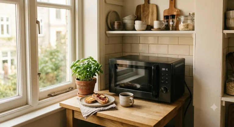 Compact black stainless steel countertop microwave on a small apartment kitchen counter in warm morning light