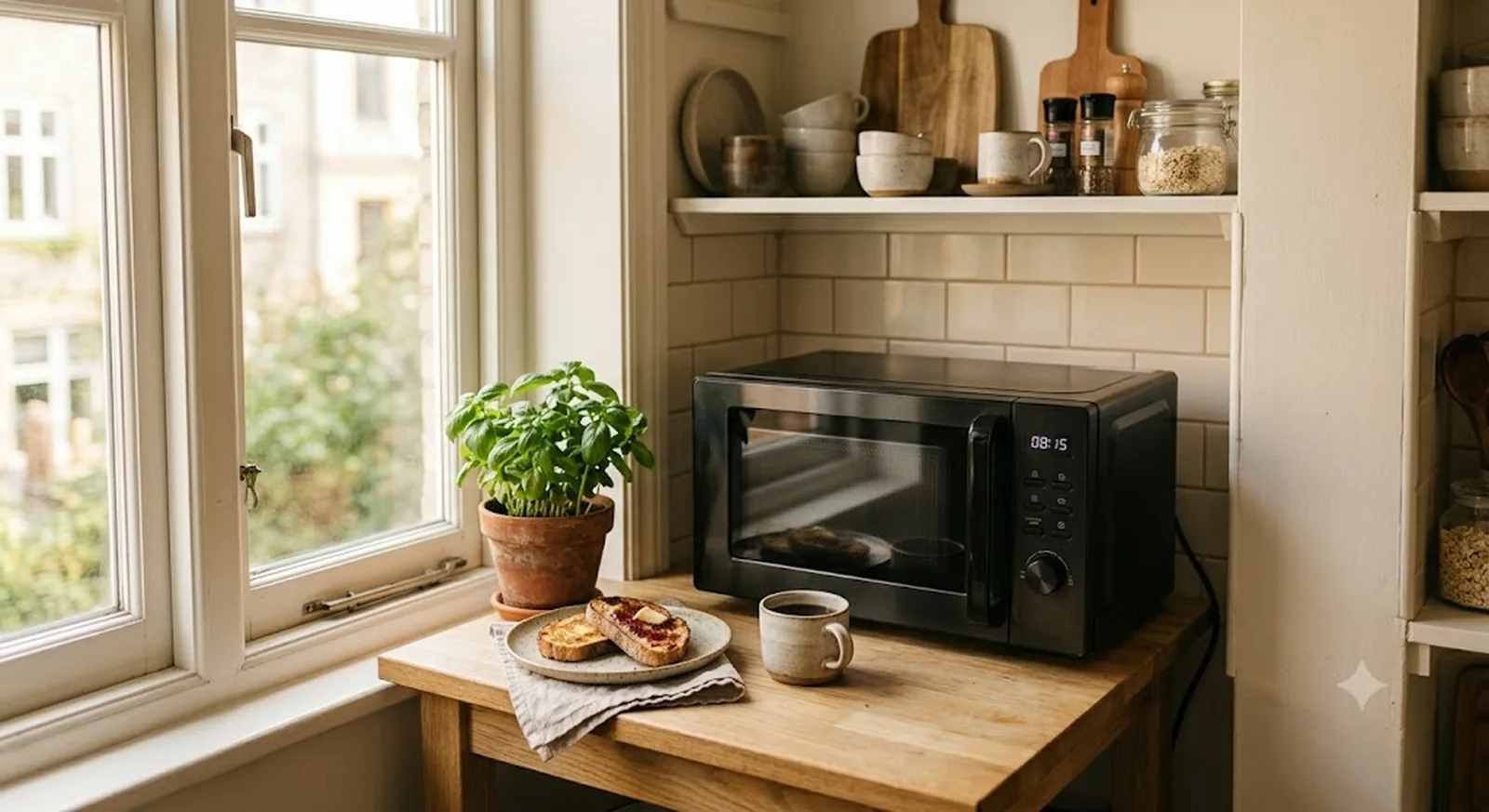 Compact black stainless steel countertop microwave on a small apartment kitchen counter in warm morning light