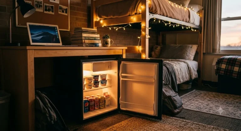 Compact mini fridge tucked under a desk in a cozy college dorm room with warm string lights