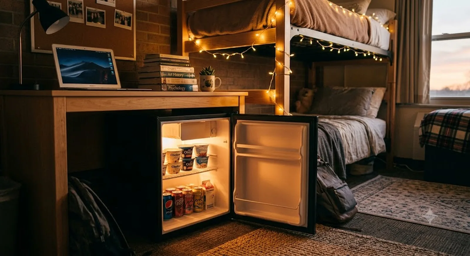Compact mini fridge tucked under a desk in a cozy college dorm room with warm string lights