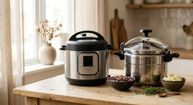 Electric and stovetop pressure cookers side by side on a kitchen counter with dried beans and aromatics