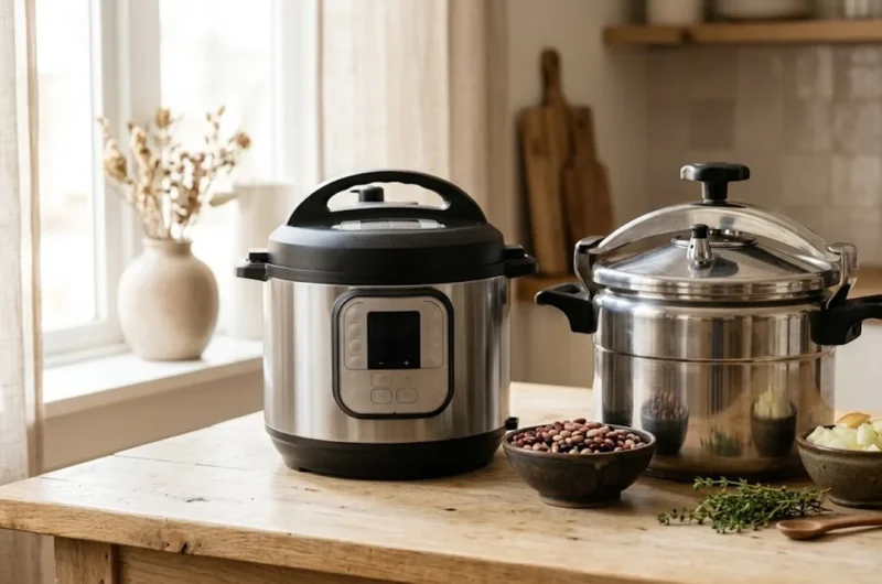 Electric and stovetop pressure cookers side by side on a kitchen counter with dried beans and aromatics