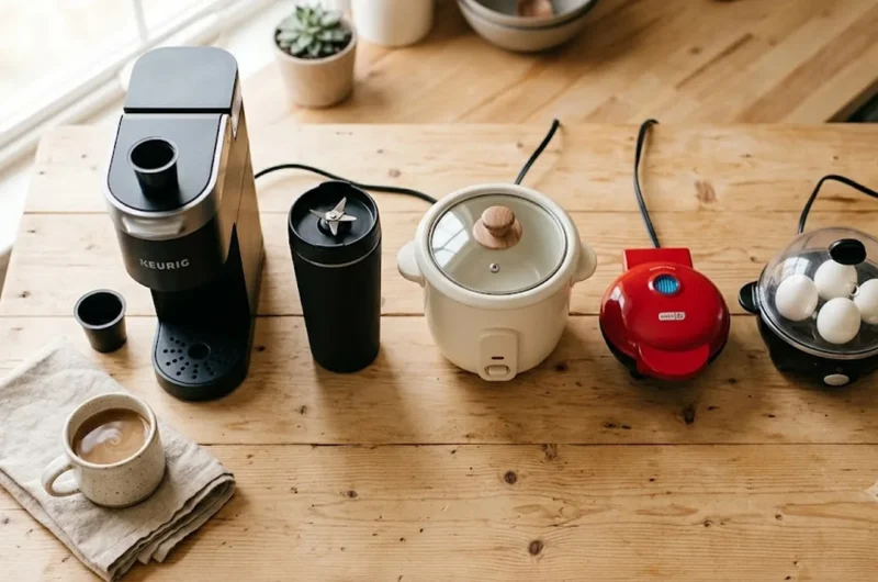 Flat lay of single-serve kitchen appliances including a coffee maker, personal blender, mini rice cooker, mini waffle maker, and egg cooker