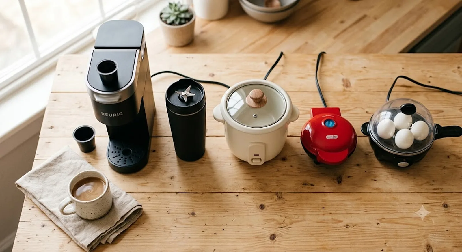 Flat lay of single-serve kitchen appliances including a coffee maker, personal blender, mini rice cooker, mini waffle maker, and egg cooker