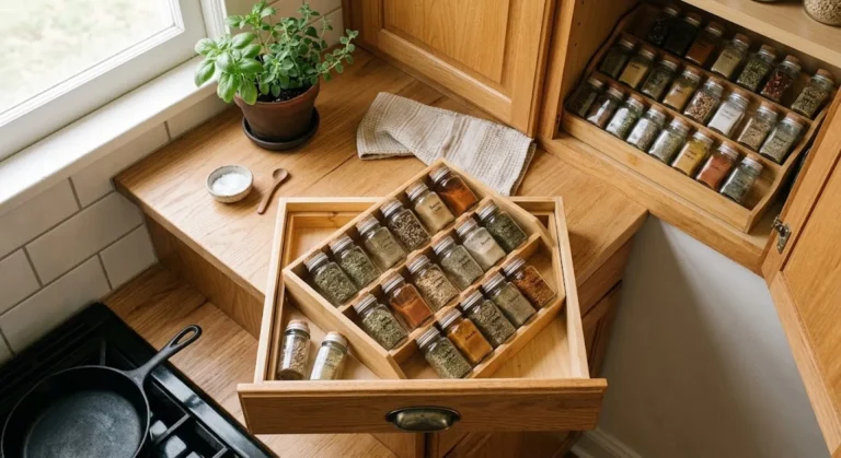 Tiered bamboo spice drawer organizer filled with angled spice jars in a bright kitchen