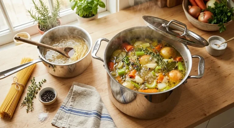 Stainless steel stockpot simmering chicken stock beside a pot of boiling pasta on a wood counter