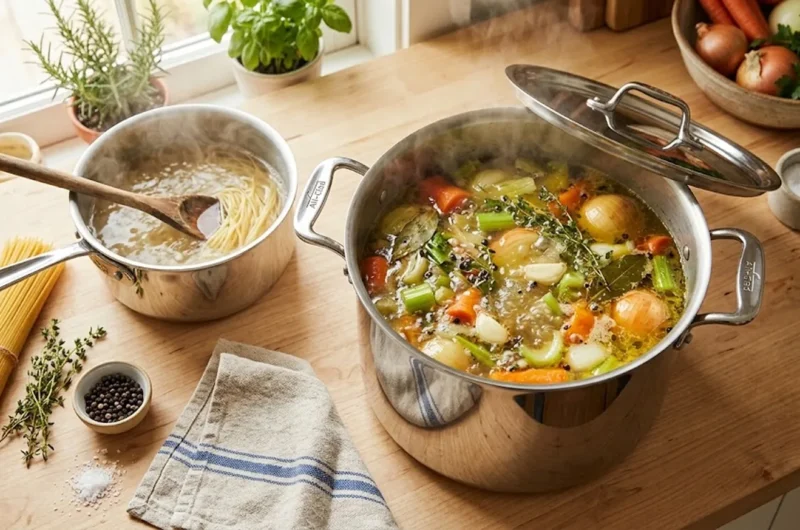 Stainless steel stockpot simmering chicken stock beside a pot of boiling pasta on a wood counter